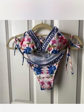 Floral Tie-Side Bikini Swimsuit in White with Blue & Pink Flowers New With Tags